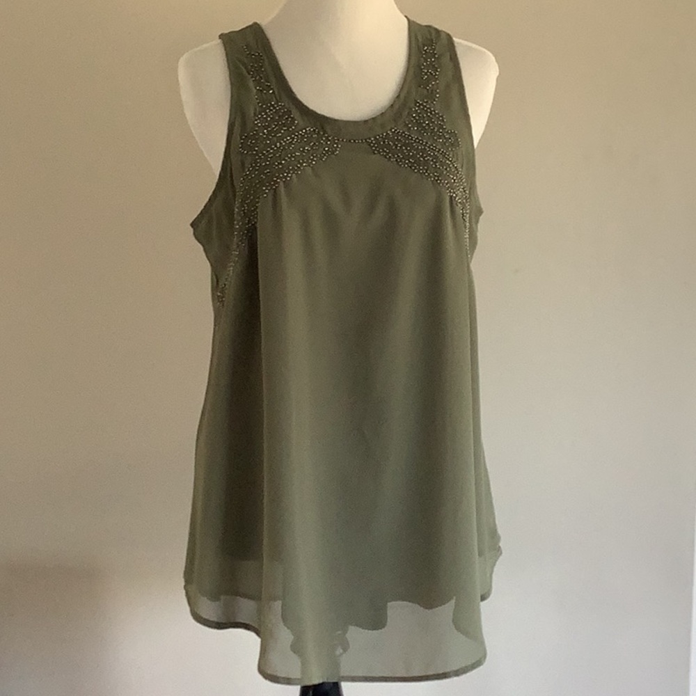 Japna Olive Beaded Loose-Fit Tank, Medium